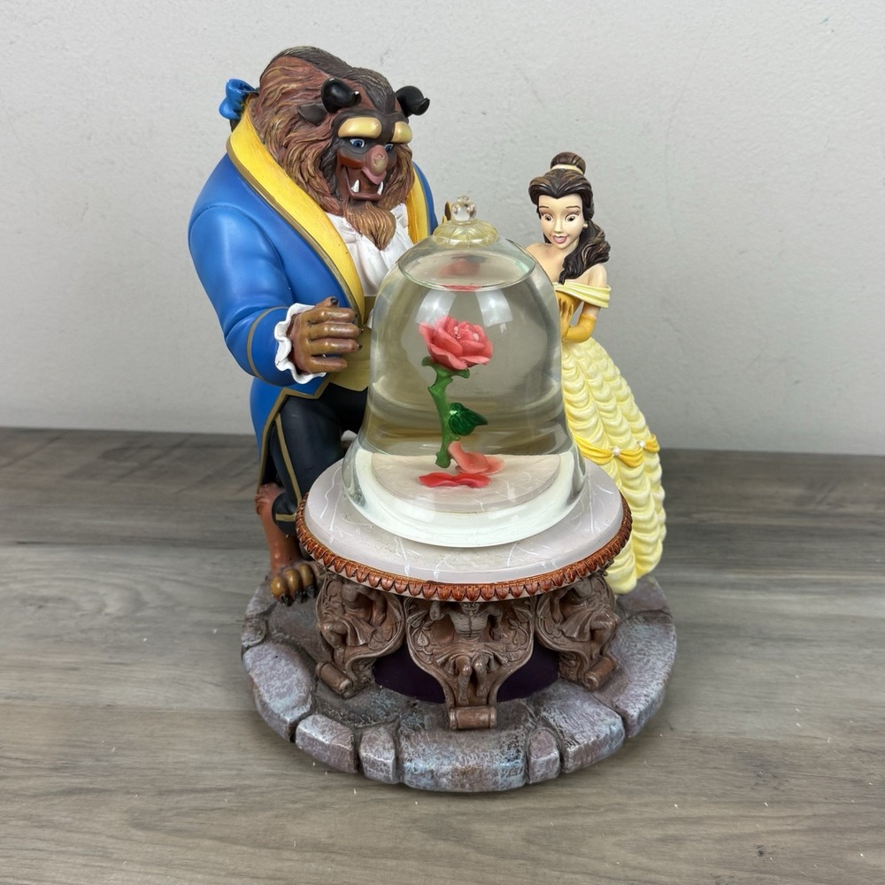 HTF Large Disney 1991 BEAUTY AND THE BEAST Rose Musical Snowglobe Vtg READ